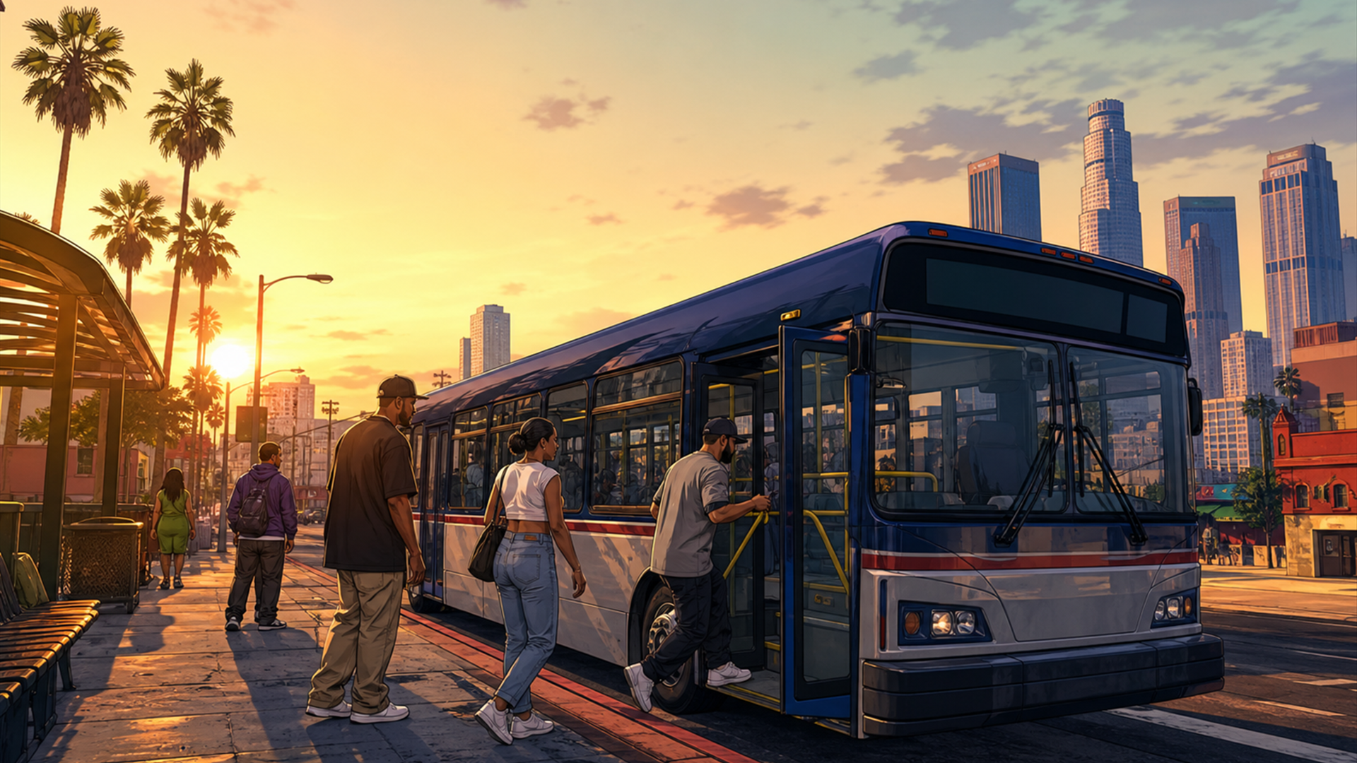 Passengers boarding a Los Santos Transit bus at a city shelter