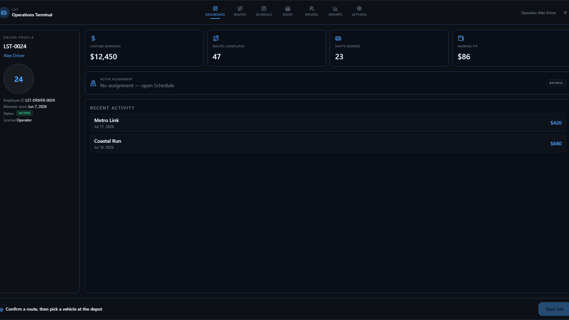 LST Operations Terminal dashboard with driver profile and career stats